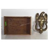 Wooden cigar box and brass eagle door knocker.