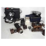 Vintage camera and accessory lot: old camcorder,