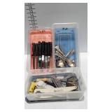 3 shoebox  containers with steak knives, spoons