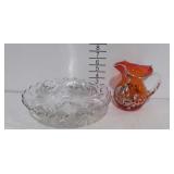 Silver overlay glass pitcher and bowl