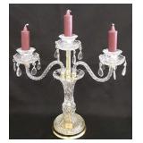 Glass and brass triple candelabra with drip trays