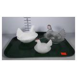 Hen on nest, three one clear and two milk glass
