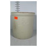 Two gallon crock, white with brown interior,