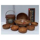 Group lot of wooden bowls, cookie Bucket & Baker