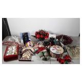 Holiday decor with wreath, centerpiece, tins,