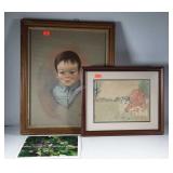 Drawings and a photo, framed milking cows picture