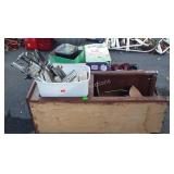 Skid lot, includes wood shelf, empty helium tank,