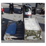 Skid lot, includes two steel weights, storage