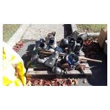Skid lot, includes hockey sticks, ski boots,