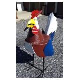 Metal chicken lawn decor, made out of metal, is