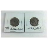 Two buffalo nickels one is 1937