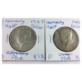 1965-P Kennedy Half Dollar 40% Silver / 1968-D