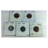 5 Pennies Grouped 2-1943 Steel Pennies, 1-1924,