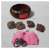 Wooden bracelet and three pairs of earrings