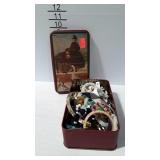Tin bracelets, beaded necklaces, pins