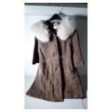 Suede coat with fir collar, missing one button,