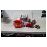 Misc lot, ceramic planter pot, VW Bug telephone,