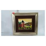 Village church painting on canvas, signed Jonas