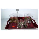 Holiday barware serving tray, 8 tumblers & 4 rocks