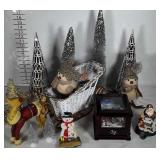Christmas lot: trees, music box, stocking