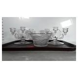 Glass candle holder set and etched glass bowl.