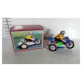 Schulling Motorcycle & Sidecar tin wind-up toy.