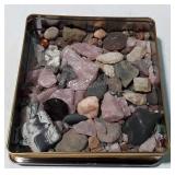 Stones, tin with selection of rocks, stones, gems