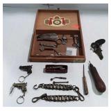 Collectible Trinkets, wood Cigar box, keys,