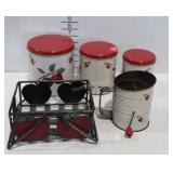 Apple Kitchen Wares, 3 tin canisters, sifter,