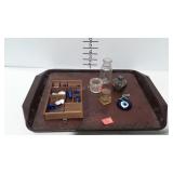 Trinkets, glass vases, bottle, tin play set