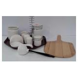 Kitchen Wares, ceramic canisters, shakers, spoon