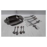 Stainless divided dish, souvenir spoons and five