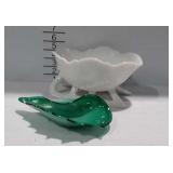 Milk glass sleigh and green art glass blown dish