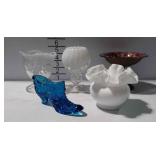 Glass shoe, goofus glass compote, ruffled bowl,