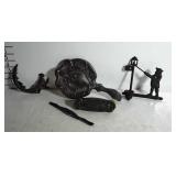 Metal ware lot, hand mirror, brush, candle holder