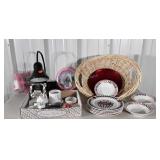 Basket with plates, bowls, desk lamp, horse party