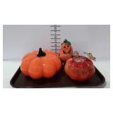 Fall decor, two glass pumpkins and a ceramic