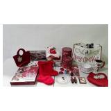 Holiday decor eith tote bag, glass platter, tins,