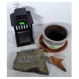 Outdoor decor lot: garden stone, planter, candle