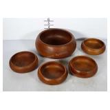 Vintage teak wood serving bowl with 4 matching