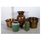 Vase lot: 3 metal and 2 pottery type vases.