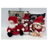 Holiday decor, two throw pillows, plush snowman,