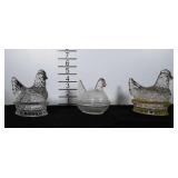Hen on nest dish and two other glass hens.