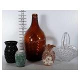 Glass lot: Beautiful brown swirl bottle, 3 vases
