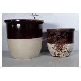 2 stoneware crocks with similar style. One is in