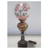 Parlor Lamp, rose painted glass globe, brass