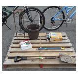 Skid lot, includes planter, plant stand, shovel,