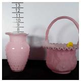 Cased glass hobnail style vase & Fenton floral