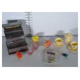 Vintage toy lot: metal cash register, Alice in