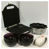 Kitchenware with butter dish, bowls, cake pan,